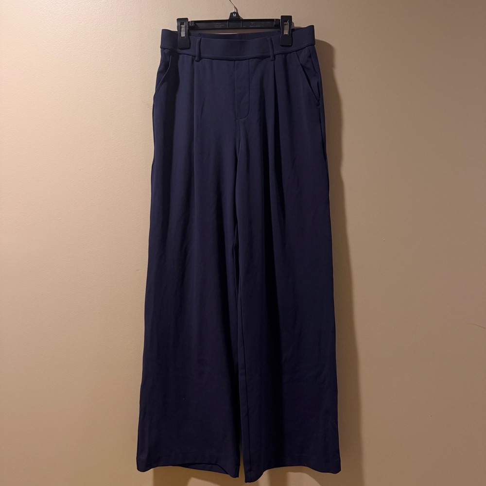 Pull On Wide Leg Pants Women S Navy Blue Pleated Stretchy Office Athleisure
